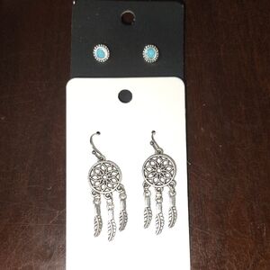 Silver and Turquoise Dreamcatcher Earrings Set